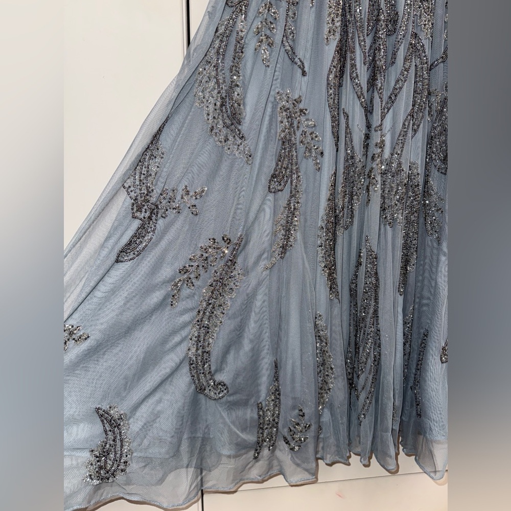 NWT |Mac Duggal A5434 Silver Short Sleeve Beaded A-line Tea Length Dress Size 10 - Picture 14 of 16